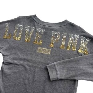 PINK Victorias Secret Women XS Gray Gold Silver Sequins Logo Crewneck Sweatshirt